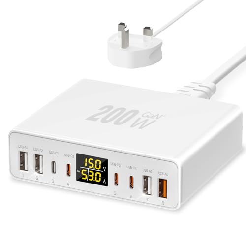 YSYFAD 200W USB C Charger 8-Port with LED Display USB Charging Station GaN Multiport Fast Charger PD QC 3.0 PPS USBC Charging Hub Compatible with iPhone Samsung MacBook Laptop Pad White