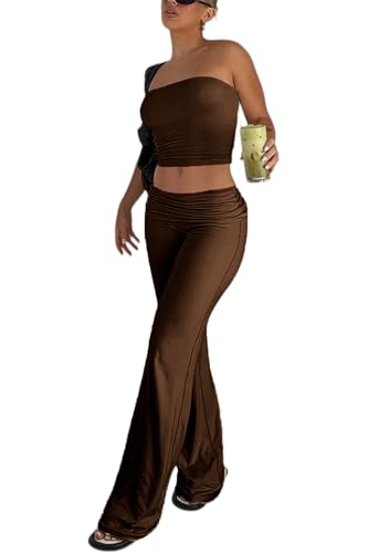 Image of Sexy Women's 2 Piece Lounge Sets Pajama Outfits Casual yoga Crop tube Top High Waist Wide Leg Foldover Flare Pants