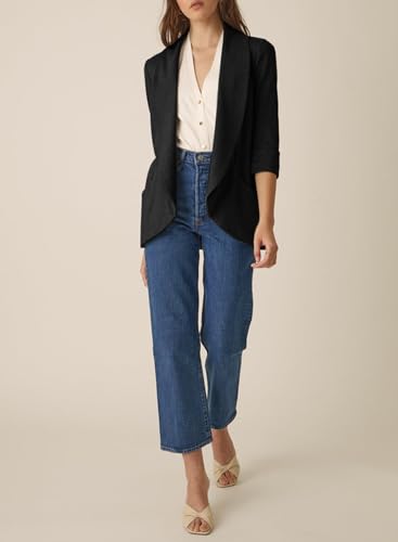 Happy Sailed Blazer Jackets for Women Open Front 3/4 Sleeve Work Office Suits Spring Summer Black Small4