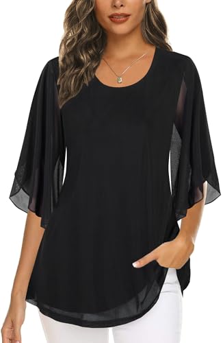 Ninedaily Women's Tops 3/4 Sleeve Blouses Dressy Casual Mesh Tunic Shirts