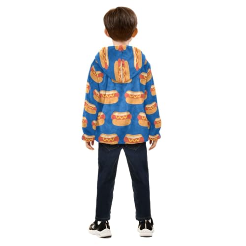 Hot Dog Pattern on Blue Toddler Fleece Jacket Girl Boys Hooded Fleece Jacket Coat Warm Outwear Zip-up 3-10T4