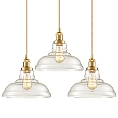 CLAXY Modern Gold Pendant Light Classic Glass Dome Kitchen Hanging Light Fixture-3 Pack