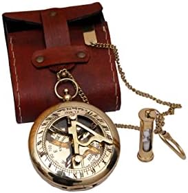 BAZROSS Antique Brass Sundial Compass - Handmade Steampunk Accessory with Leather Case and Chain, Unique Gift for Men and Nautical Enthusiasts - Push Open Sun Clock Replica Watch- Hiking