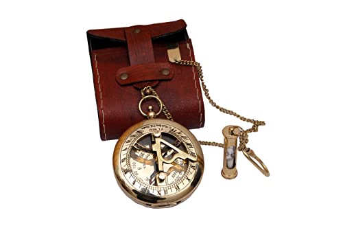 Bazross Antique Brass Sundial Compass - Handmade Steampunk Accessory With Leather Case And Chain, Unique Gift For Men And Nautical Enthusiasts - Push Open Sun Clock Replica Watch- Hiking #TOP24
