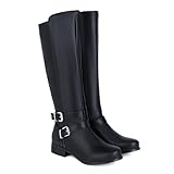 KUHAOFEU Rodilla Alto Motorista Motocicleta Botas Cuero Plano Montar Botas Hebilla Correa tacón Grueso Knight Botas Altas con Cremallera de Las Mujeres,Negro,44 EU