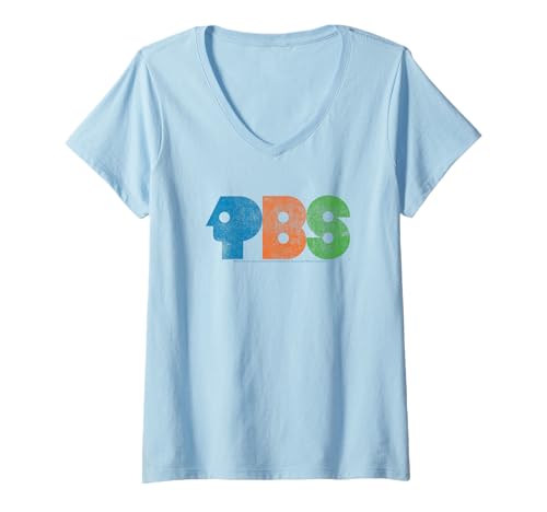 Womens PBS Colorful Distressed Logo Public Broadcasting Service V-Neck T-Shirt