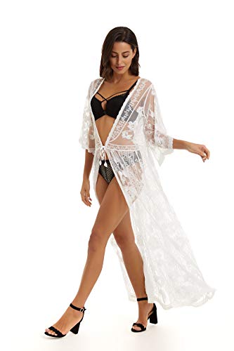 marysgift Lace Cardigan Long White Kimono for Women Crochet Bathing Suits Swimwear Open Front Beach Outfits for Summer Beachwear Beach Cover Up White A000021 - Image 5