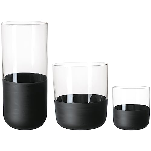 Villeroy & Boch Manufacture Rock Bargläser 12er Set, Longdrinkgläser 300 ml, Whiskybecher 250 ml, Shot Gläser 40 ml, Kristallglas, Transparent/Schwarz