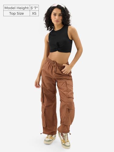 Image of The Souled Store Solids: Ink Black Women and Girls Sleeveless Round Neck Cotton Blend Slim Fit Cropped Tops