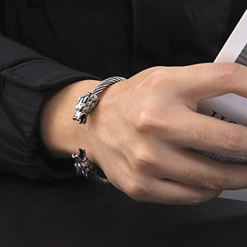 Eueavan Viking Bangle Bracelet Adjustable Stainless Steel Animal Head Cuff Bracelet Twisted Cable Cuff Bangle Bracelet,Norse Wolf Bracelet #TOP2