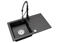 Faizee Granitspüle 75 x 44 cm Schwarz Gesprenkelt – inklusive Armatur Spiral in Schwarz – eckige Einbauspüle aus Granit – beidseitig montierbar, kratzfest, hitzebeständig – modernes Spülbecken – Ansicht 4