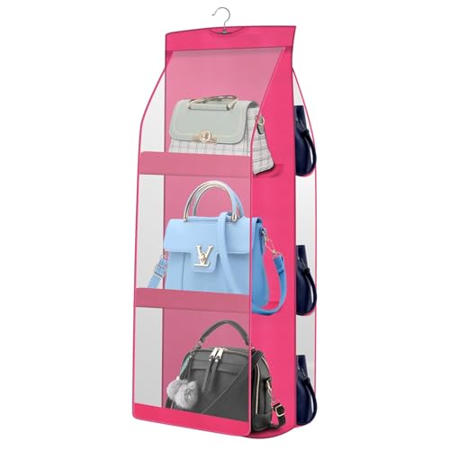 Image of Hanging Handbag Purse Organizer, Upgrade Dust Proof Purse Organizer Closet, Wardrobe Closet Organizer, Washable Handbag Organizer for Women Handbags Purse (6 Pocket 1 Pcs Pink)
