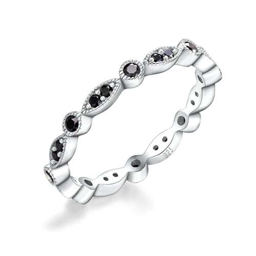 AGRULE Women's Black Moissanite Ring 0.4 Cttw Wedding Band White Gold Plated Sterling Silver Milgrain 2mm Wide Full Eternity Band Rings for Couple, Size 6
