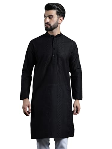 Image of SOJANYA (Since 1958 Men's Pure Cotton Checked Embroidered Long Kurta | Traditional for Diwali Celebrations