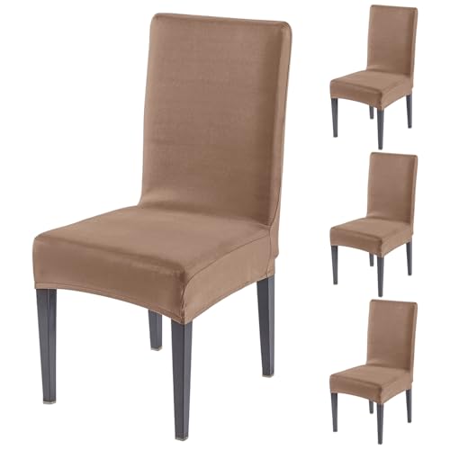 Image of HOKIPO 'SereneSolids' 140 GSM Polyester Blend Dining Chair Cover Set of 4, Dark Camel (AR-6246-DCML)