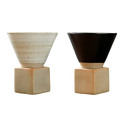 Ddewing Coarse Pottery Coffee Mug with Base, 200ml Creative Triangular Cone Shape Porcelain Mug, Ceramic Tea Cup for Gift Coffee Tea Latte Milkshake Yogurt (white+black)