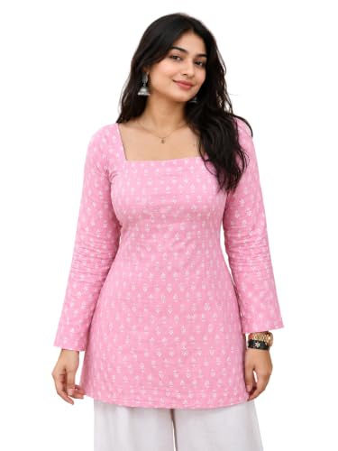 Women's Square Neck Short Kurti for Women | Full Sleeve Floral Pr...