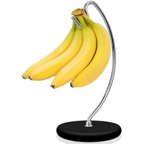 Niceyos Banana Holder Stand - Patented Modern Stainless Steel Banana Hanger with Wood Base Banana Tree Hook Rack for Kitchen Countertop (Black Silver) Cover