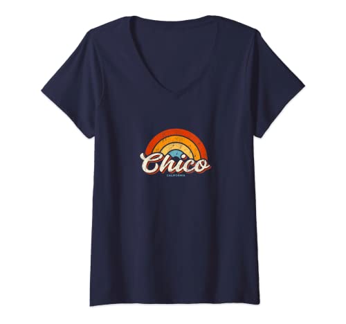 Womens Chico California CA Vintage Rainbow Retro 70s V-Neck T-Shirt