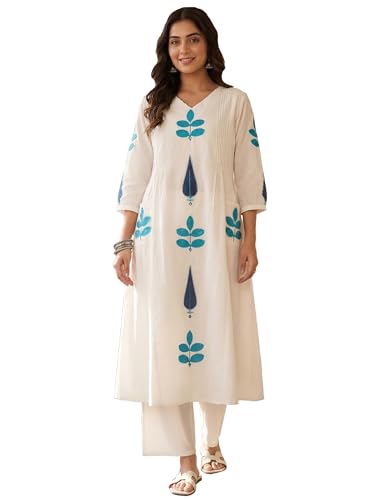 INDO ERA Women's Pure Cotton Printed A-Line Kurta & Palazzo Set (...