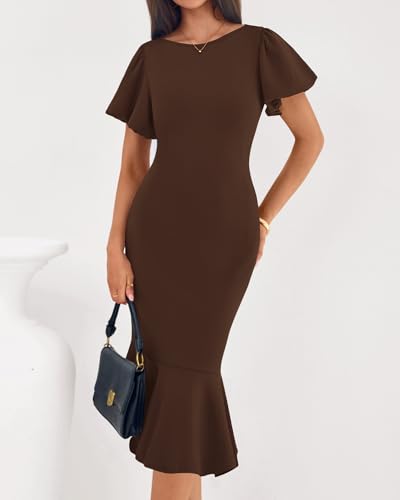 BTFBM Women Formal Wedding Guest Cocktail Dresses 2026 Short Sleeve Ruffle Mermaid Work Bodycon Elegant Midi Summer Dress(Brown, Small) — view 4