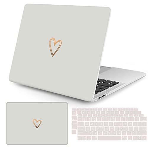 Vozehui Compatible with Macbook Air 13 Inch Case 2020 2019 2018 Release A1932 A2179 M1 A2337 Touch ID, Gold&Cute Heart Pattern Plastic Hard Shell Case with Keyboard Cover,White