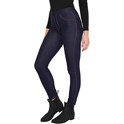 Loxdonz Women's Jeans Denim Look Leggings Jeggings Mid Rise Slim Fit Casual Pants with Back Pockets (S-M, Blue) Cover