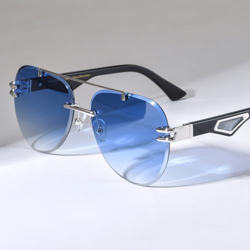 HEPIDEM 100% Really Buffalo Horn Sunglasses for Men Rimless Oversize Aviator Square Sun Glasses 00392