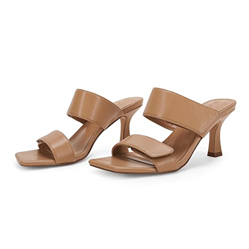 Ermonn Womens Two Strap Heeled Sandals Slip On Square Open Toe Stiletto Faux Leather Backless Mule Heels Slippers3