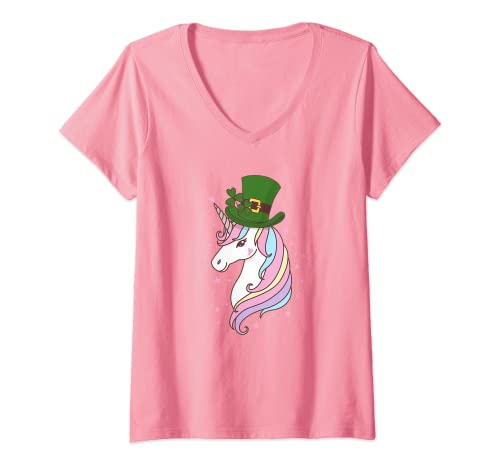Mujer Día de San Paddys Unicornio Lepricornio Trébol Leprechaun Rosa Camiseta Cuello V Cover