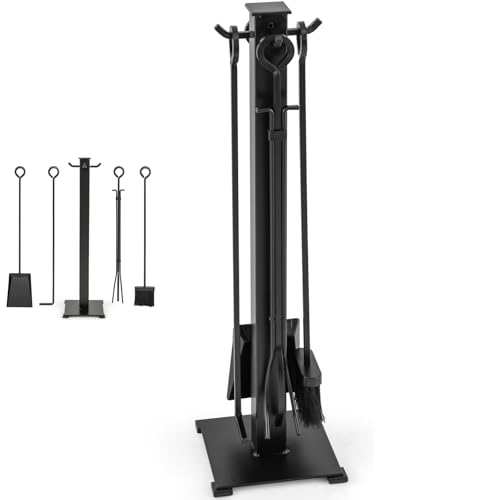 GiantexUK 5-Piece Fireplace Companion Set, Iron Fire Place Tools Set with Stand, Tong, Shovel, Brush & Poker, Fireside Wood Burner Stove Accessories, Black, 22 x 22 x 80cm