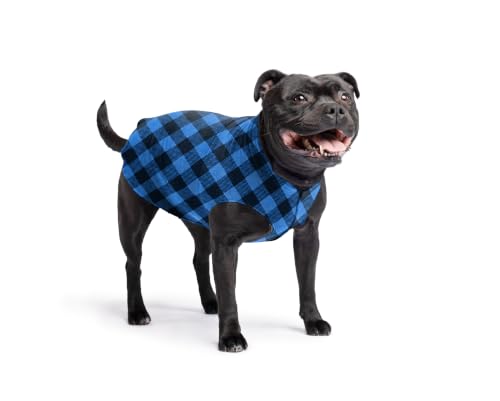 Image of Goldpaw Stretch Fleece Dog Sweater - with Spandex for 4-Way Stretch - Soft, Comfortable Dog Coat - Machine Washable - Made in the USA - Cobalt Buffalo Check - Size 16