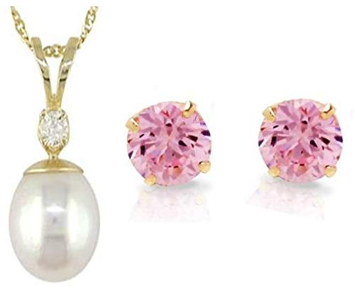 Golden EssentialsDouble Deal - Solid 14 Karat Gold Fresh Water Pearl Pendant With Genuine Diamond and Chain Free Solid 10 Karat Gold Sweet Pink Cz Studs [14KGPCE0040]