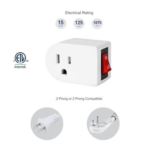 VSEER Grounded Outlet with ON Off Switch (2 Pack), 15A 1875W/3 Prong Plug Switch in White, ETL Listed - Thumbnail 5