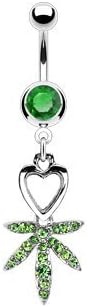 Pierced Owl 14GA Stainless Steel Heart and Crystal Paved Pot Leaf Dangling Belly Button Ring