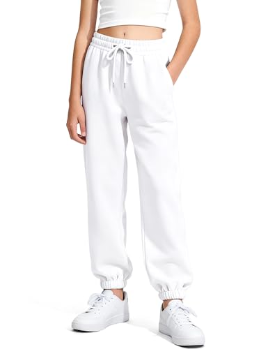 BOOPH Girls Fleece Sweatpants Kids Winter Sweat Pants Athletic Joggers Clothes for Teen Girls White 13-14 Years