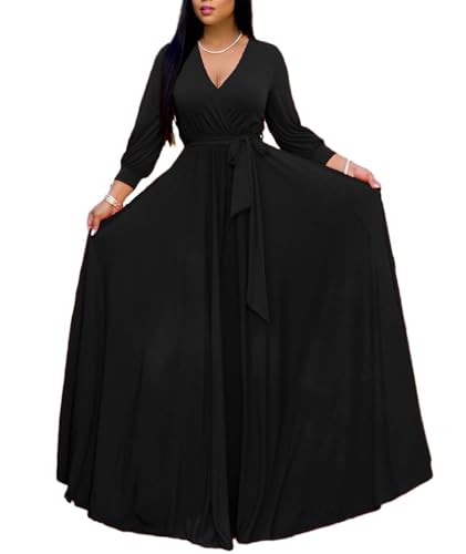 Sexyshine Women's Deep V Neck Long Sleeve Wrapped Maxi Dress High Waist Pleated Belted Party Cocktail Long Dress(25364BL,2XL) Black