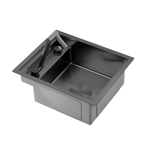 Image of 15 inch x 18 inch RV Kitchen Sink with Fold-Down Faucet - 18 Guage Stainless Steel Undermount Bar Sink for Campers and Small Spaces(Black)