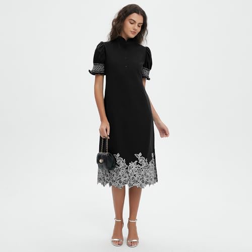 Image of Women's Summer Embroidered Midi Dress 2026 Button Down Short Sleeve Floral Shirt Dress