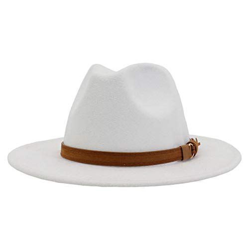 Lisianthus Men & Women Vintage Wide Brim Fedora Hat with Belt Buckle (A Buckle-White, Medium)