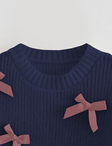 Image of Women's Sweaters Knitted Crewneck Puff Bubble Short Sleeve Pullover Tops Casual Bow T Shirts Chic Blouses