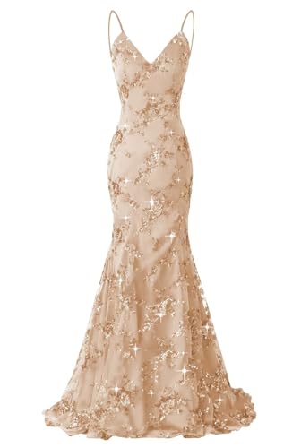 Sequin Applique Mermaid Prom Dresses Spaghetti Straps Tulle Ball Gown V Neck Formal Evening Party Gowns