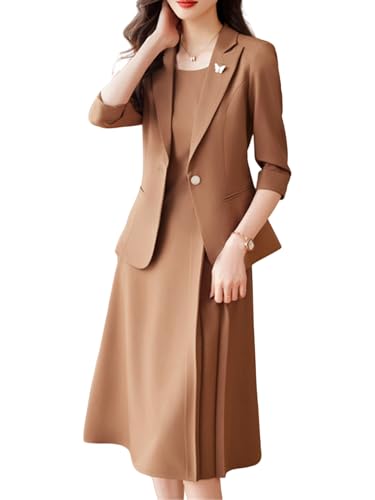 Office Ladies Dress Suits for Women 2025 Solid Single Button Slim Formal Blazer Tanks Dress 2 Piece Set