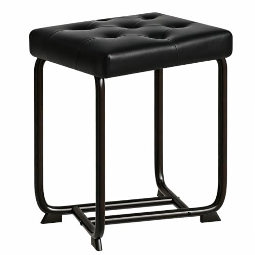 BEWISHOME Black Vanity Stool Leather Vanity Stool Small Stool Chair for Vanity Square Ottoman Foot Stool Makeup Vanity Chairs with Thick Padded Seat for Bathroom Bedroom Entryway KFD01B