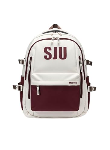 Image of Monvelli SJU Backpack, White and Maroon, Multi-Compartment Design with Side Pockets