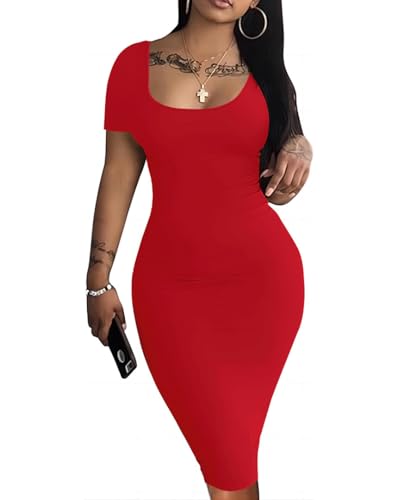 Image of Nimsruc Womens Summer Casual Sexy Short Sleeve Bodycon Dress Basic Pencil Midi Club Dresses