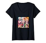 Mujer hermosas chicas de anime en cuadrados coloridos shojo manga Camiseta Cuello V