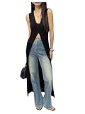 SHENHE Women's Button Up Sleeveless Long Cardigan V Neck Knit Duster Sweater Vest Cardigan Black Medium