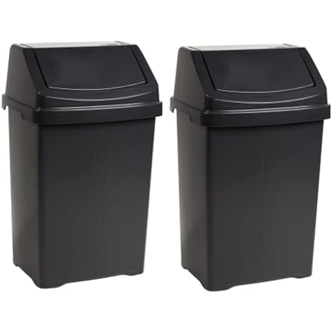 [𝐒𝐞𝐭 𝐨𝐟 𝟐] 25L 25Litre Plastic Dustbin With Swing Top Lid Waste Paper Rubbish Trash Can Recycling Swing Bin Refused Storage Bins For Bathroom Office & Home (Midnight Black) Cover