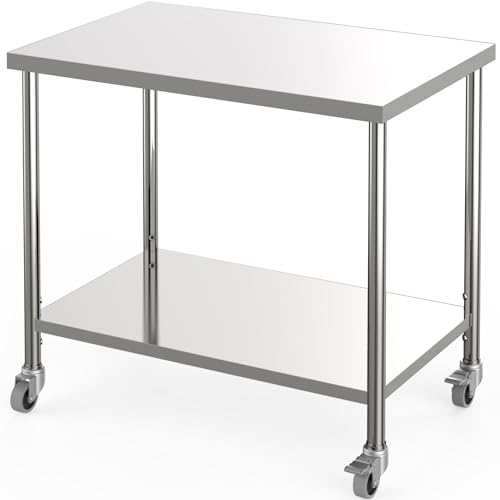 Stainless Steel Table, 36 in x 24 in Commercial Prep Work Table with Adjustable Undershelf and Locking Casters, 2 Tier Metal Table for Restaurant, Hom